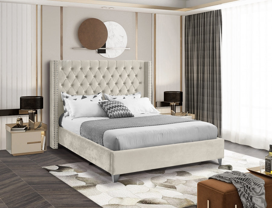 Meridian Furniture - Aiden Velvet King Bed in Cream - AidenCream-K