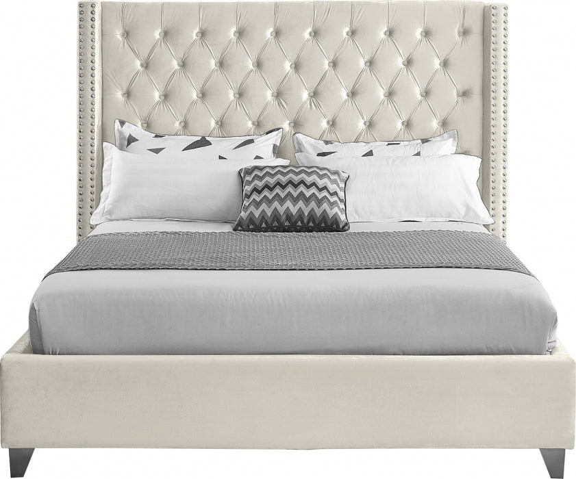 Meridian Furniture - Aiden Velvet Queen Bed in Cream - AidenCream-Q