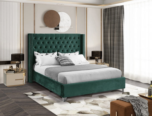 Meridian Furniture - Aiden Velvet Queen Bed in Green - AidenGreen-Q - GreatFurnitureDeal