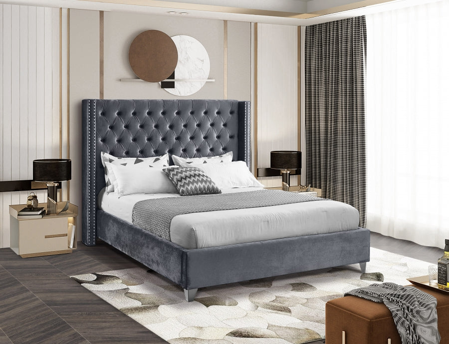 Meridian Furniture - Aiden Velvet King Bed in Grey - AidenGrey-K - GreatFurnitureDeal