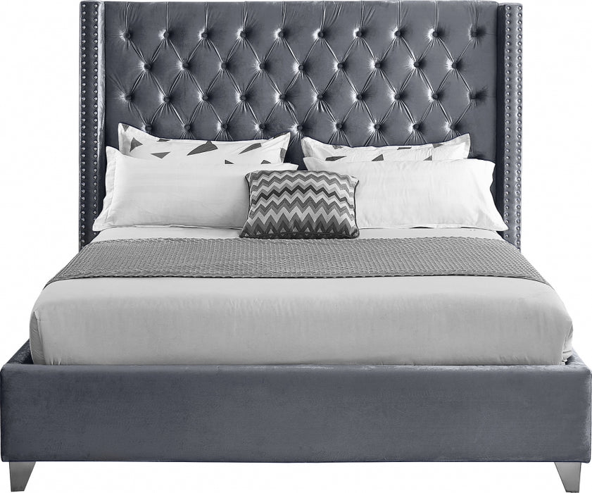 Meridian Furniture - Aiden Velvet King Bed in Grey - AidenGrey-K