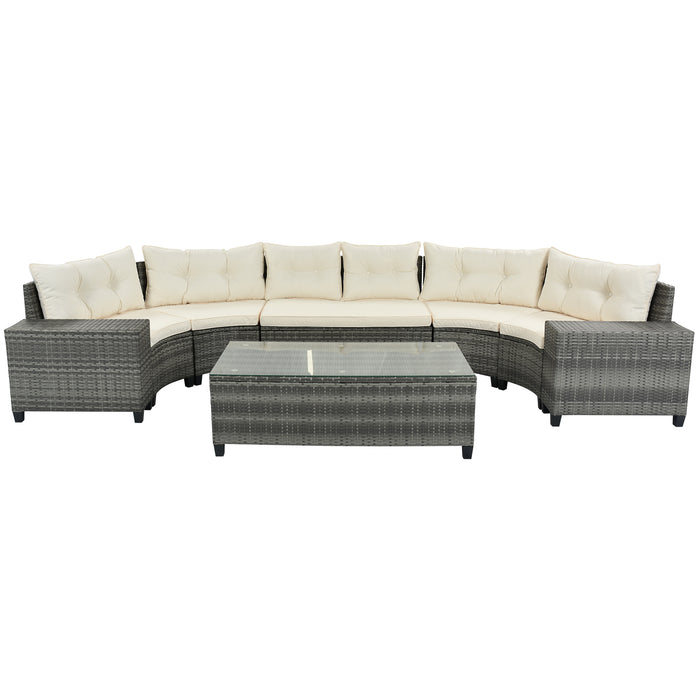 GFD Home - GO 8-pieces Outdoor Wicker Round Sofa Set, Half-Moon Sectional Sets All Weather, Curved Sofa Set With Rectangular Coffee Table, PE Rattan Water-resistant and UV Protected, Movable Cushion, Beige - GreatFurnitureDeal