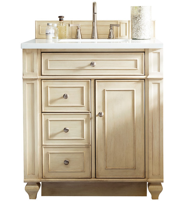 James Martin Furniture - Bristol 30" Single Vanity, Vintage Vanilla, w- 3 CM Classic White Quartz Top - 157-V30-VV-3CLW - GreatFurnitureDeal