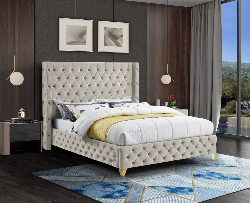 Meridian Furniture - Savan Velvet Queen Bed in Cream - SavanCream-Q - GreatFurnitureDeal