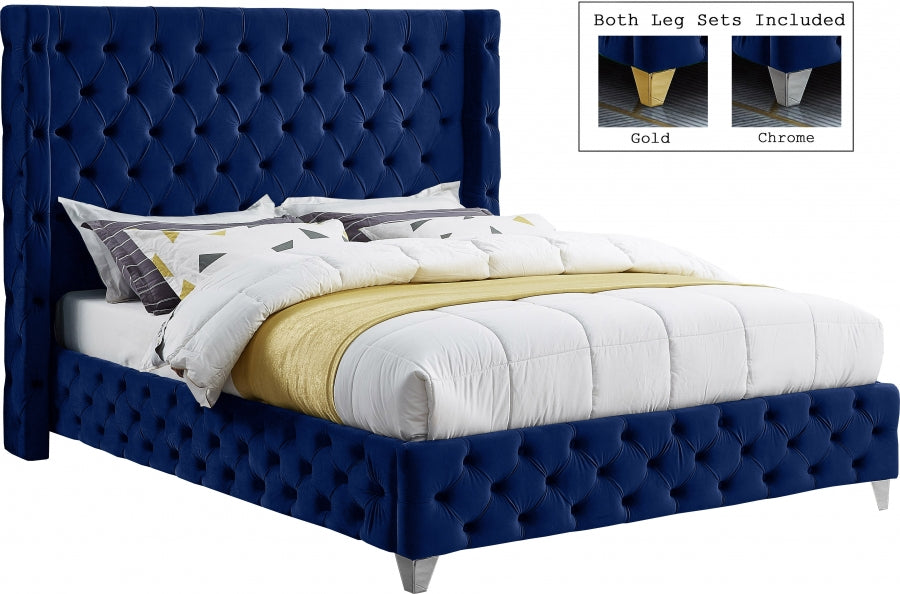 Meridian Furniture - Savan Velvet Queen Bed in Navy - SavanNavy-Q - GreatFurnitureDeal