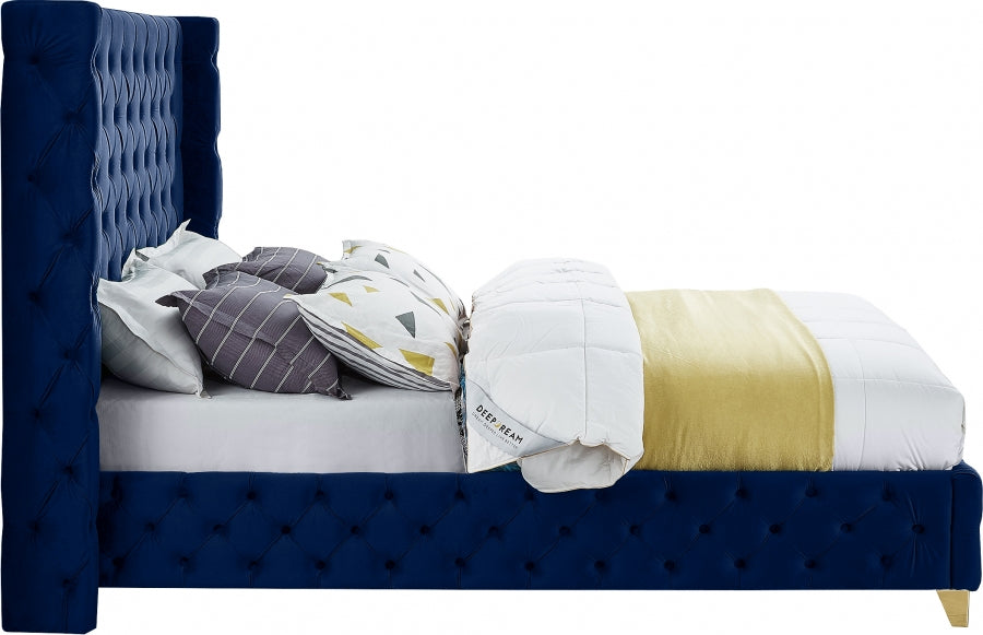 Meridian Furniture - Savan Velvet Queen Bed in Navy - SavanNavy-Q - GreatFurnitureDeal