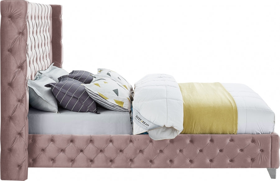 Meridian Furniture - Savan Velvet Queen Bed in Pink - SavanPink-Q - GreatFurnitureDeal