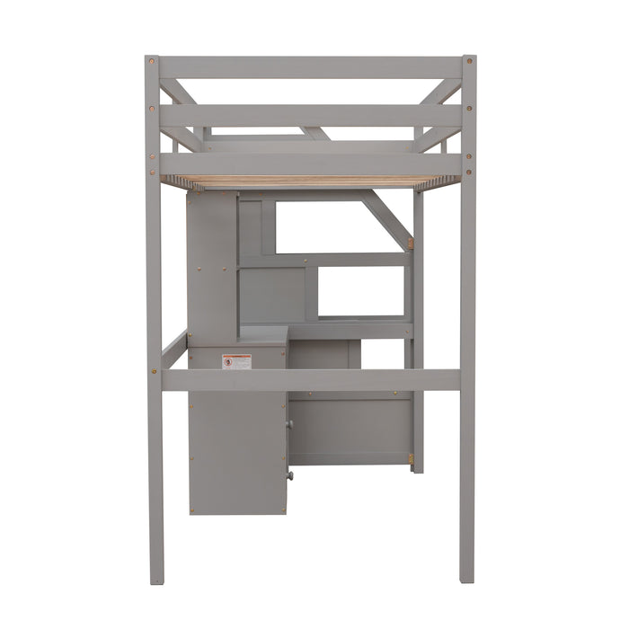 GFD Home - Twin Size Loft Bed with a Stand-alone Bed, Storage Staircase, Desk, Shelves and Drawers, Gray - GreatFurnitureDeal