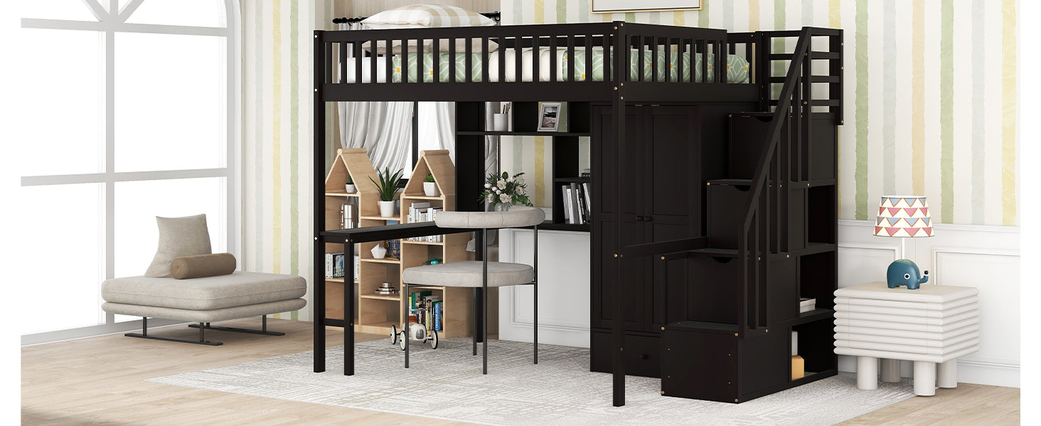 GFD Home - Full size Loft Bed with Bookshelf,Drawers,Desk,and Wardrobe-Espresso - GreatFurnitureDeal