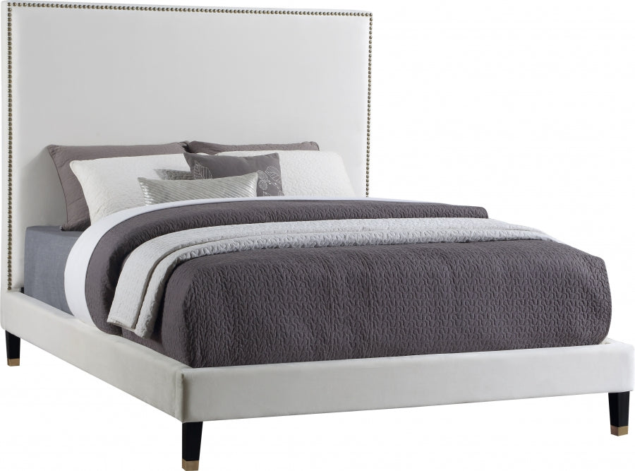 Meridian Furniture - Harlie Velvet Queen Bed in Cream - HarlieCream-Q - GreatFurnitureDeal
