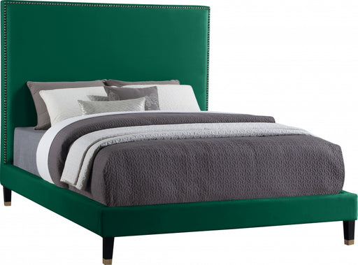 Meridian Furniture - Harlie Velvet Queen Bed in Green - HarlieGreen-Q - GreatFurnitureDeal