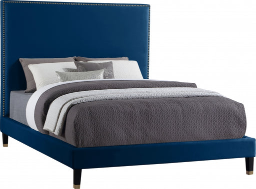 Meridian Furniture - Harlie Velvet Queen Bed in Navy - HarlieNavy-Q - GreatFurnitureDeal