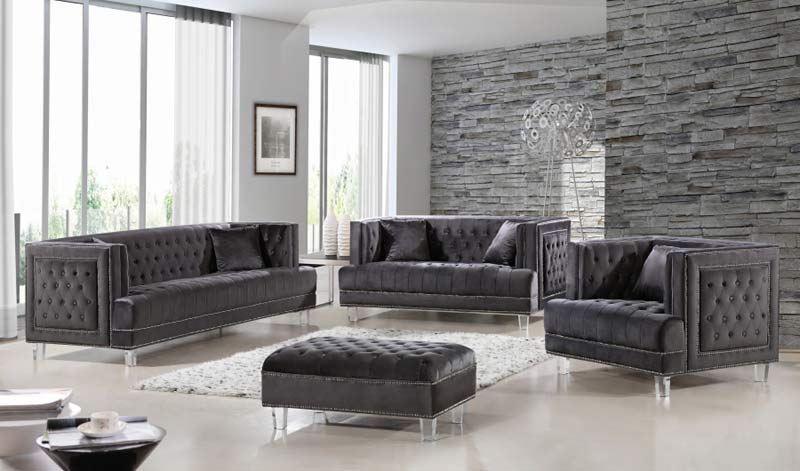 Meridian Furniture - Lucas Velvet Ottoman in Grey - 609Grey-Ott - GreatFurnitureDeal