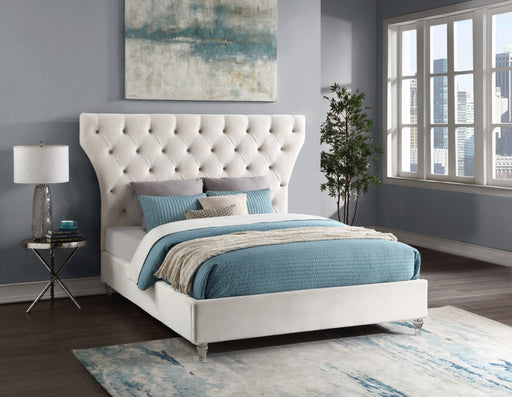 Meridian Furniture - Kira Velvet Queen Bed in Cream - KiraCream-Q - GreatFurnitureDeal