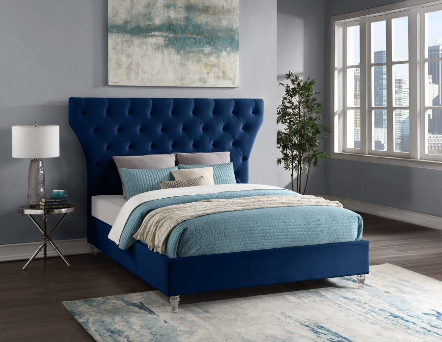 Meridian Furniture - Kira Velvet Queen Bed in Navy - KiraNavy-Q - GreatFurnitureDeal