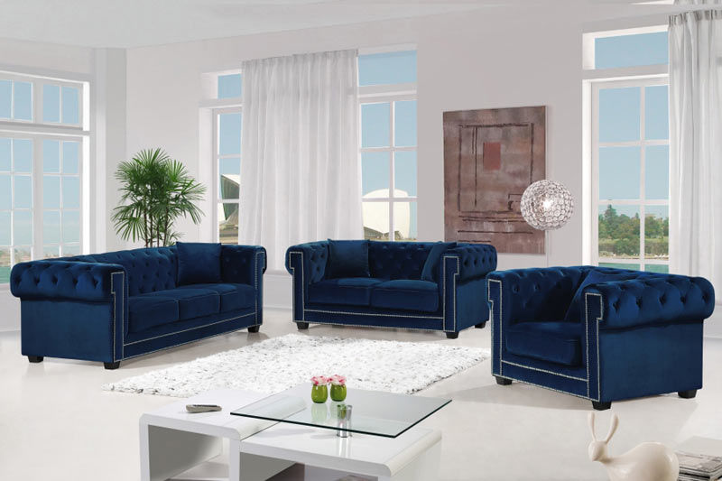 Meridian Furniture - Bowery 3 Piece Living Room Set in Navy - 614Navy-S-3SET - GreatFurnitureDeal