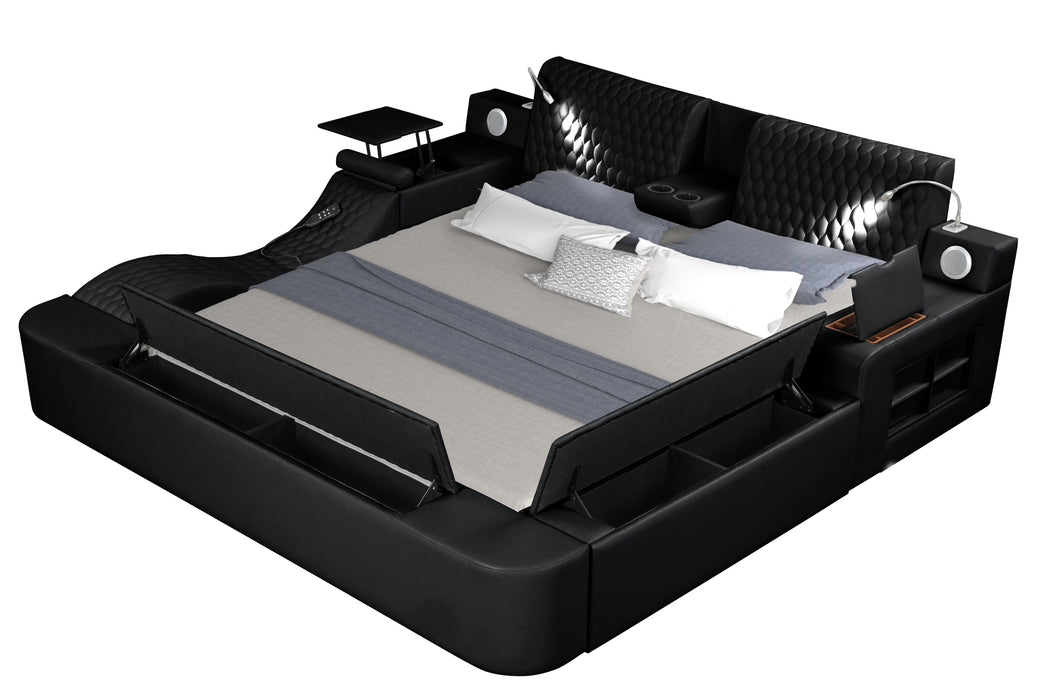 GFD Home - Zoya Smart Multifunctional Queen Size Bed Made with Wood in Black - GreatFurnitureDeal