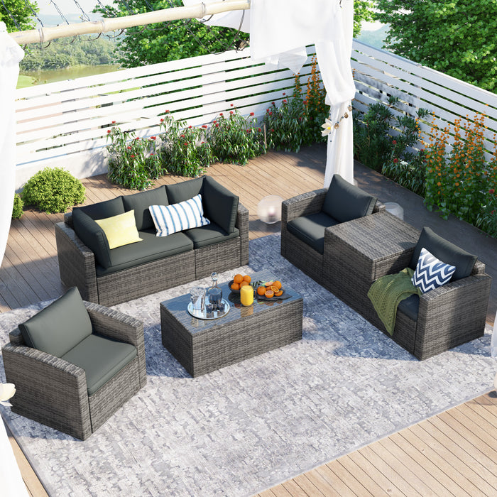 GFD Home - U_STYLE Patio Furniture Sets, 7-Piece Patio Wicker Sofa , Cushions, Chairs , a Loveseat , a Table and a Storage Box - GreatFurnitureDeal