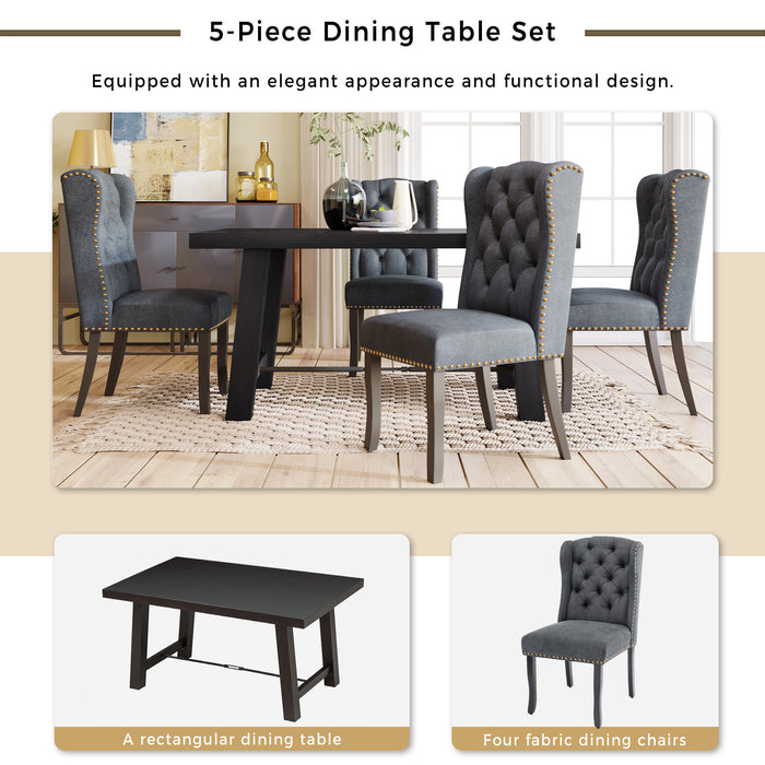 GFD Home - TREXM Wood Dining Table Kitchen Furniture, A Rectangular Table & 4 Upholstered Dining Chairs with Solid Wood Legs, Wingback and Button Tufting (Espresso+Dark Gray) - GreatFurnitureDeal