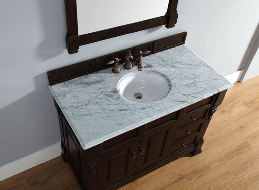 James Martin Furniture - Brookfield 48" Burnished Mahogany Single Vanity w/ Drawers with 3 CM Carrara Marble Top - 147-114-5266-3CAR