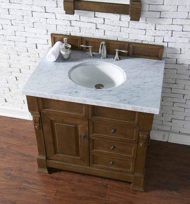 James Martin Furniture - Brookfield 36" Country Oak Single Vanity w/ Drawers with 3 CM Carrara Marble Top - 147-114-5576-3CAR