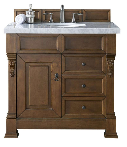 James Martin Furniture - Brookfield 36" Country Oak Single Vanity w- Drawers with 3 CM Arctic Fall Solid Surface Top - 147-114-5576-3AF - GreatFurnitureDeal