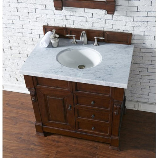 James Martin Furniture - Brookfield 36" Warm Cherry Single Vanity w/ Drawers with 3 CM Carrara Marble Top - 147-114-5586-3CAR