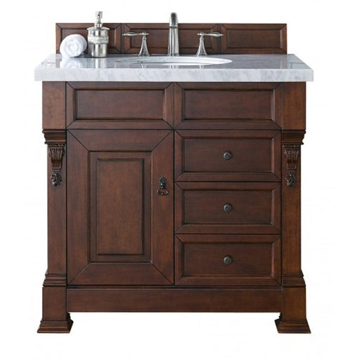 James Martin Furniture - Brookfield 36" Warm Cherry Single Vanity w- Drawers with 3 CM Arctic Fall Solid Surface Top - 147-114-5586-3AF - GreatFurnitureDeal