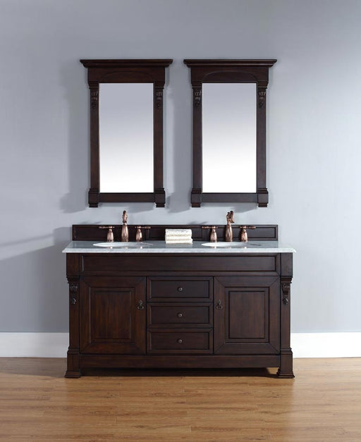 James Martin Furniture - Brookfield 60" Burnished Mahogany Double Vanity with 3 CM Carrara Marble Top - 147-114-5661-3CAR - GreatFurnitureDeal