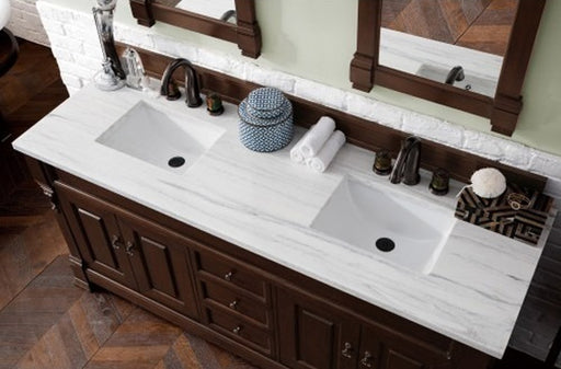 James Martin Furniture - Brookfield 72" Burnished Mahogany Double Vanity with 3 CM Arctic Fall Solid Surface Top - 147-114-5761-3AF - GreatFurnitureDeal