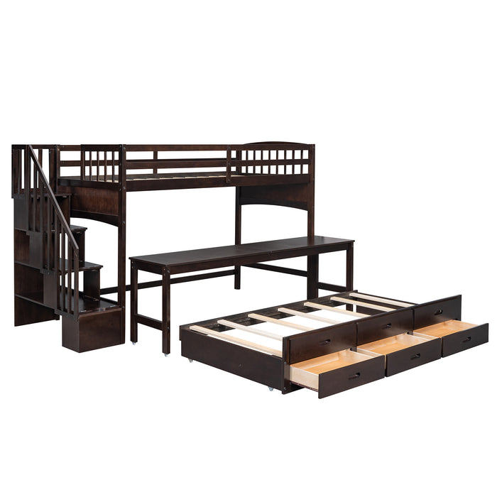 GFD Home - Stairway Twin XL Loft Bed with Twin Size Trundle and 3 Drawers, Storage, Desk, Espresso - GreatFurnitureDeal