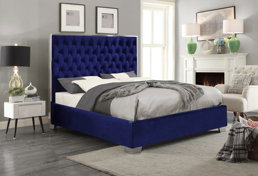 Meridian Furniture - Lexi Velvet Queen Bed in Navy - LexiNavy-Q - GreatFurnitureDeal