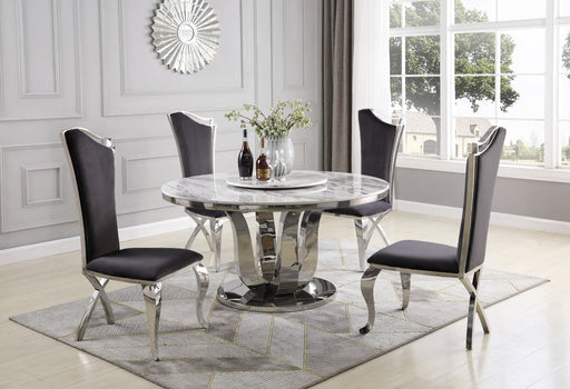 Mariano Furniture - 5 Piece Dining Room Set with Marble Top, Lazy Susan, and Stainless Steel Base with Velvet Side Chairs - BQ-D16LS-4SC36 - GreatFurnitureDeal