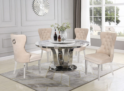 Mariano Furniture - 5 Piece Marble Dining Room Set in Beige Velvet Chairs - BQ-D16LS-4SC48 - GreatFurnitureDeal
