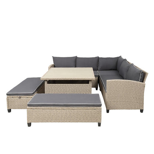 GFD Home - TOPMAX 6-Piece Patio Furniture Set Outdoor Wicker Rattan Sectional Sofa with Table and Benches for Backyard, Garden, Poolside - GreatFurnitureDeal