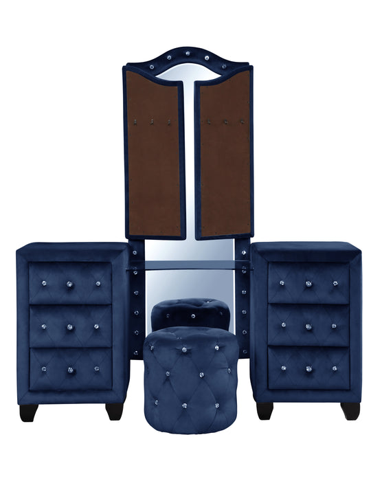 GFD Home - Tulip King 6 Pc Vanity Upholstery Bedroom Set Made With Wood In Blue - GreatFurnitureDeal