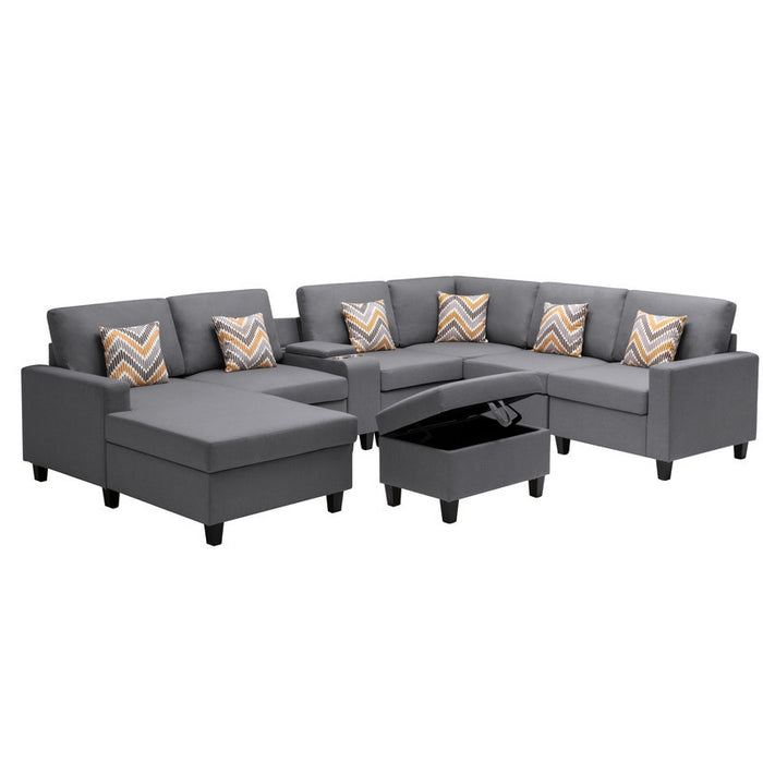 GFD Home - Nolan Gray Linen Fabric 8Pc Reversible Chaise Sectional Sofa with Interchangeable Legs, Pillows, Storage Ottoman, and a USB, Charging Ports, Cupholders, Storage Console Table - GreatFurnitureDeal