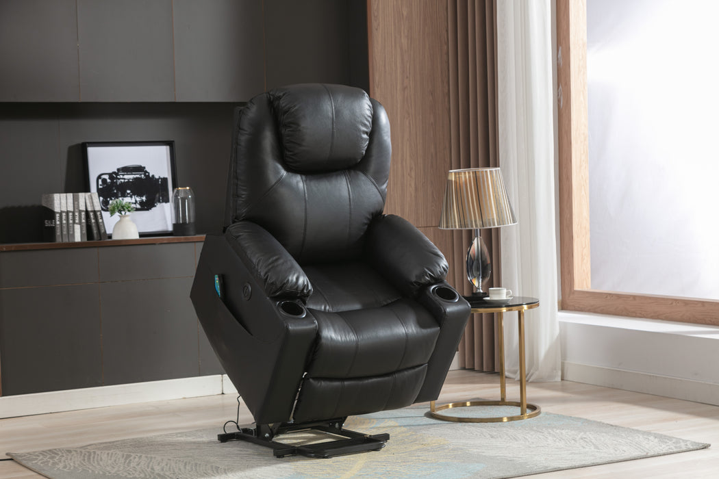 GFD Home - Leather Electric Lift Recliner for the Elderly with Massage and Heat, Power Lift Chair, with Breathable microporous Leather, USB Ports, 2 Cup Holders, Sofa suitable for living room&bed room, Black - GreatFurnitureDeal