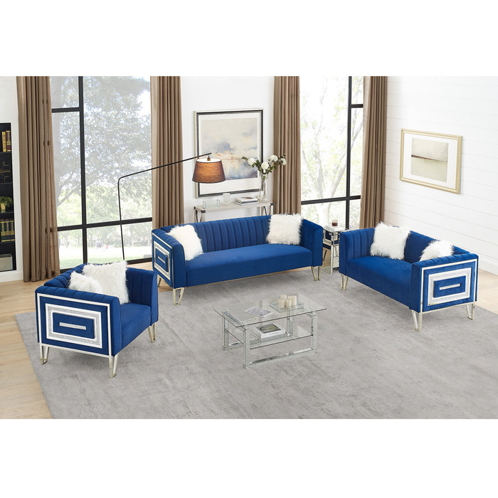 GFD Home - 3 Piece Living Room Sofa Set, including 3-Seater Sofa, Loveseat and Sofa Chair, with mirrored side trim with faux diamonds and stainless steel legs, Six White Villose Pillow, Blue - GreatFurnitureDeal