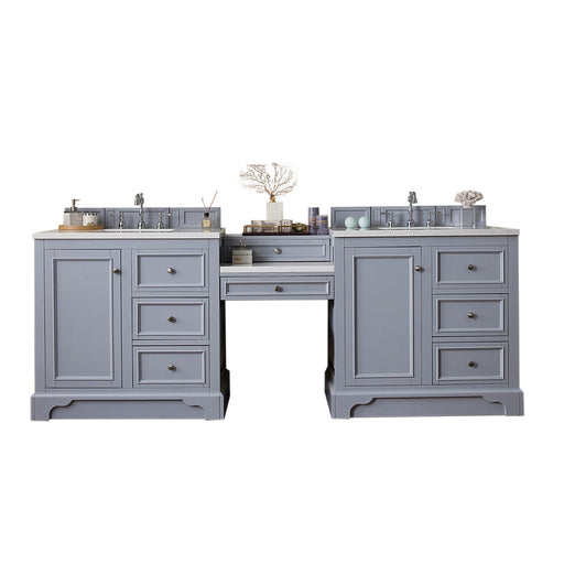 James Martin Furniture - De Soto 94" Double Vanity Set, Silver Gray w- Makeup Table, 3 CM Carrara Marble Top - 825-V94-SL-DU-CAR - GreatFurnitureDeal