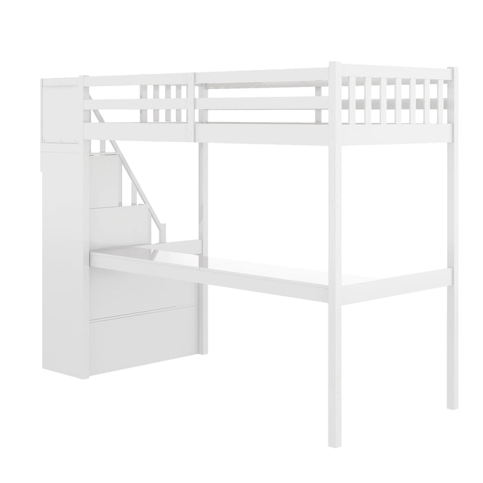 GFD Home - Twin Size Loft Bed with Staircase and Built-in Desk ,White - GreatFurnitureDeal