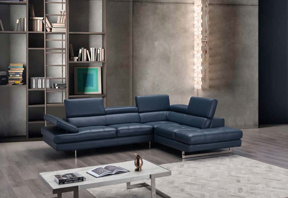 J&M Furniture - A761 Italian Leather Sectional Blue In Right Hand Facing - 178553-RHFC - GreatFurnitureDeal