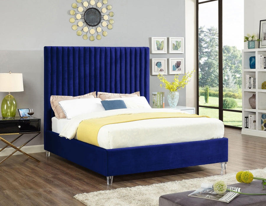 Meridian Furniture - Candace Velvet Queen Bed in Navy - CandaceNavy-Q - GreatFurnitureDeal