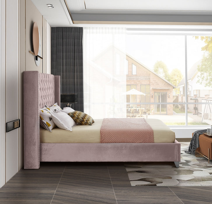Meridian Furniture - Aiden Velvet Queen Bed in Pink - AidenPink-Q - GreatFurnitureDeal