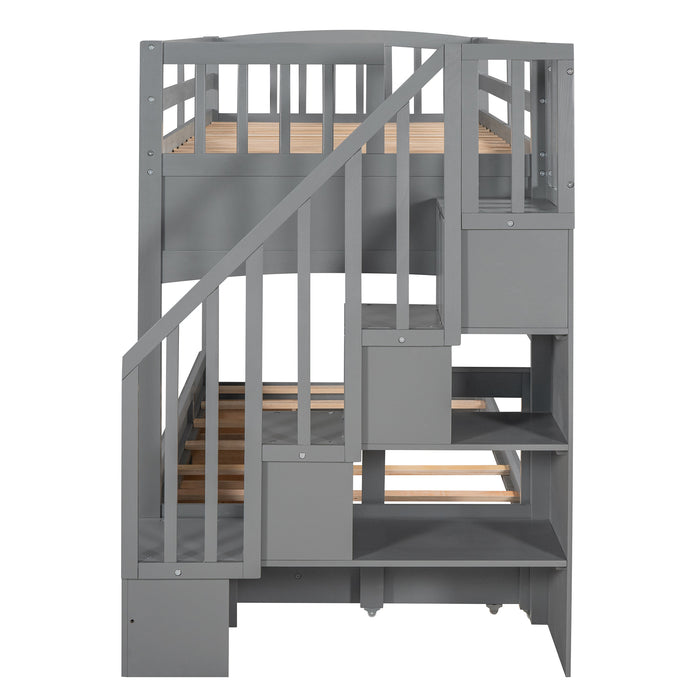GFD Home - Stairway Twin XL Loft Bed with Twin Size Trundle and 3 Drawers, Storage, Desk, Gray - GreatFurnitureDeal