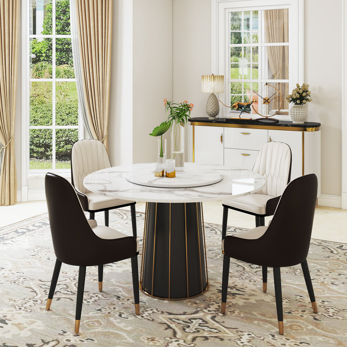 GFD Home - Modern White Round Marble Tabletop Dining Table with Lazy Susan, Black and Gold Leg, Dining Room Table, 59" - GreatFurnitureDeal