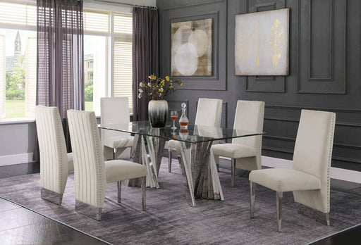 Mariano Furniture - 7 Piece Dining Room Set w-Pleated Side Chair, Glass Table w- Silver Spiral Base, Beige - BQ-D01-6SC167 - GreatFurnitureDeal