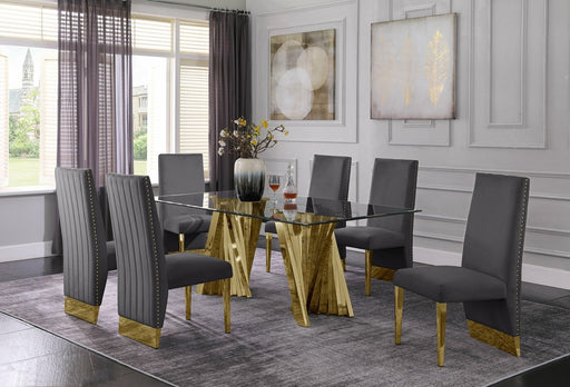 Mariano Furniture - 7 Piece Dining Set w-Pleated Side Chair, Glass Table w- Gold Spiral Base, Dark Grey - BQ-D02-6SC160 - GreatFurnitureDeal