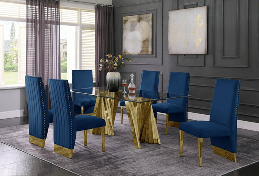 Mariano Furniture - 7 Piece Dining Set w-Pleated Side Chair, Glass Table w- Gold Spiral Base, Navy Blue - BQ-D02-6SC161 - GreatFurnitureDeal
