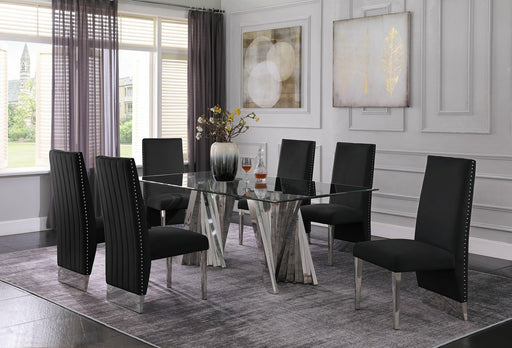 Mariano Furniture - 7 Piece Dining Room Set w-Pleated Side Chair, Glass Table w- Silver Spiral Base, Black - BQ-D01-6SC166 - GreatFurnitureDeal